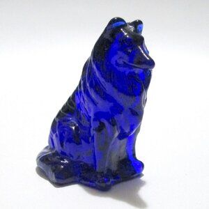 Vintage Mosser Cobalt Blue Glass Dog Figurine Sitting Shetland Collie Figure 3"